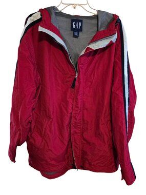 Vintage Gap Red Hooded Nylon Jacket With Striped Sleeves Full Zip Closure